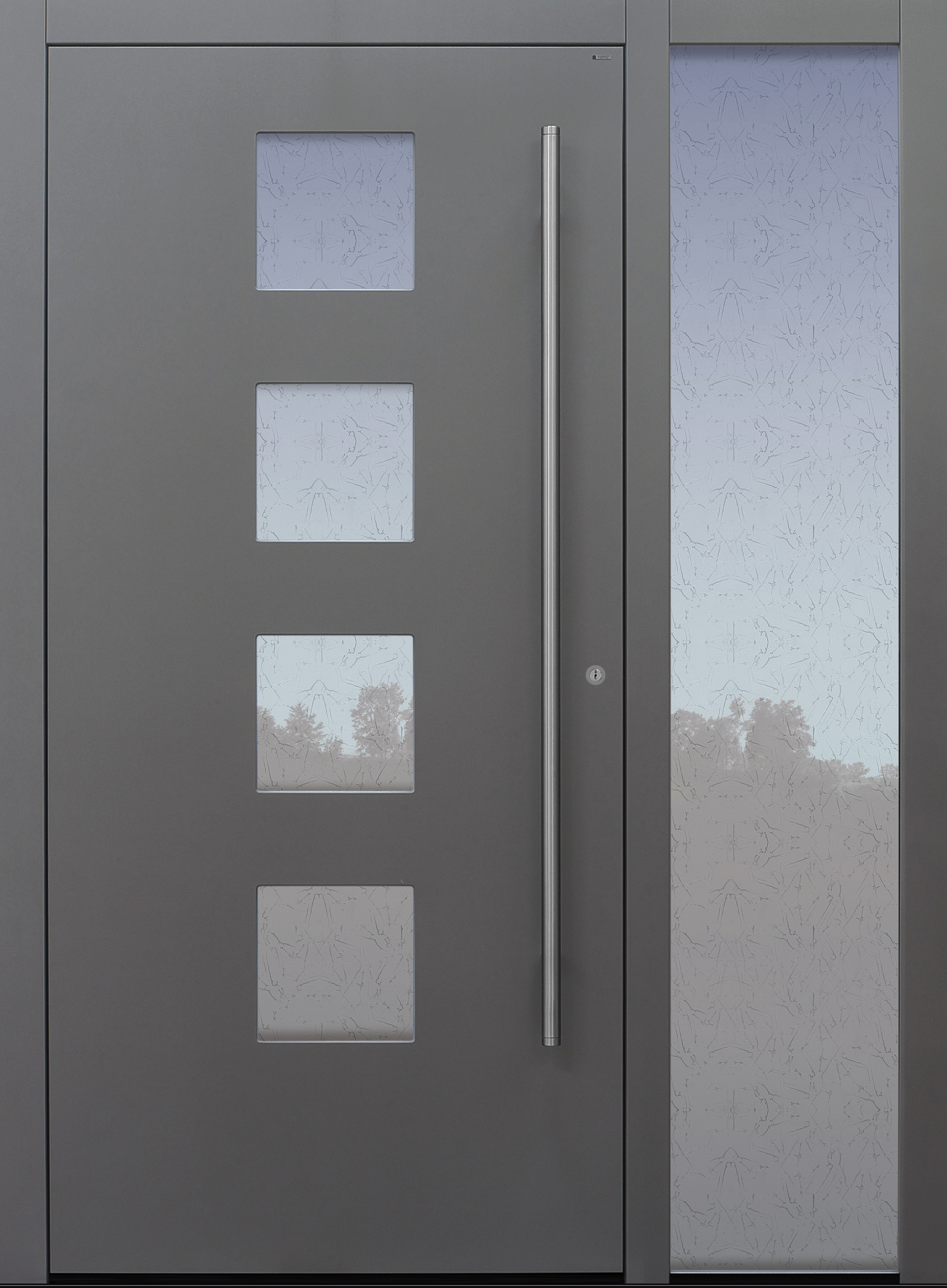 Haustür grau mit Glas Uadi weiß mit Stoßgrifflänge auf Kundenwunsch mit Option Designpaket mit Seitenteil B1 Modell B60 Haustür grau mit Glas Uadi weiß mit Stoßgrifflänge auf Kundenwunsch mit Option Designpaket mit Seitenteil B1 Modell B60