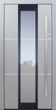 Haustür grau mit Edelstahllisenen Klarglaslinien und Fingerprint Modell B35-T2 