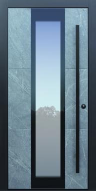 Haustür modern, grau, Stein, Himalayastein, TOPICcore, Stoßgriff in schwazr, Sicherheitstür, passivhaustauglich, besser als Alu, Glas
