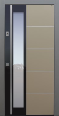 Haustür modern, TOPICcore, Beige, Grau, Edelstahllisenen, Sicherheitstür, passivhaustauglich, besser als Alu, Glas, Fingerprint