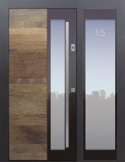 Haustür modern, Holz, Altholz, Eiche, TOPICcore, Seitenteil, Türnummer sandgestrahlt, Sicherheitstür, passivhaustauglich, besser als Alu, Glas
