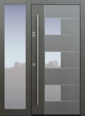 Haustür modern, grau, Fingerprint, Edelsahllisenen, Seitenteil, TOPICcore, Sicherheitstür, passivhaustauglich, besser als Alu, Glas
