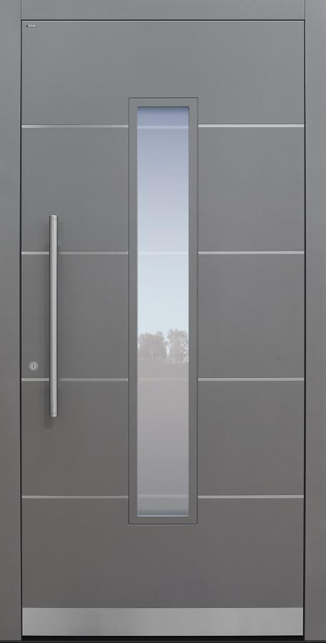 Haustür grau mit Option Edelstahllisenen und Designpaket mit Glasmotiv MS4 Modell A843-T1