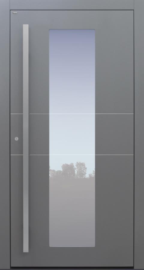 Haustür grau mit Edelstahllisenen und satinierte Glaslinien auf Kundenwunsch mit Option Designpaket Modell B11-T1