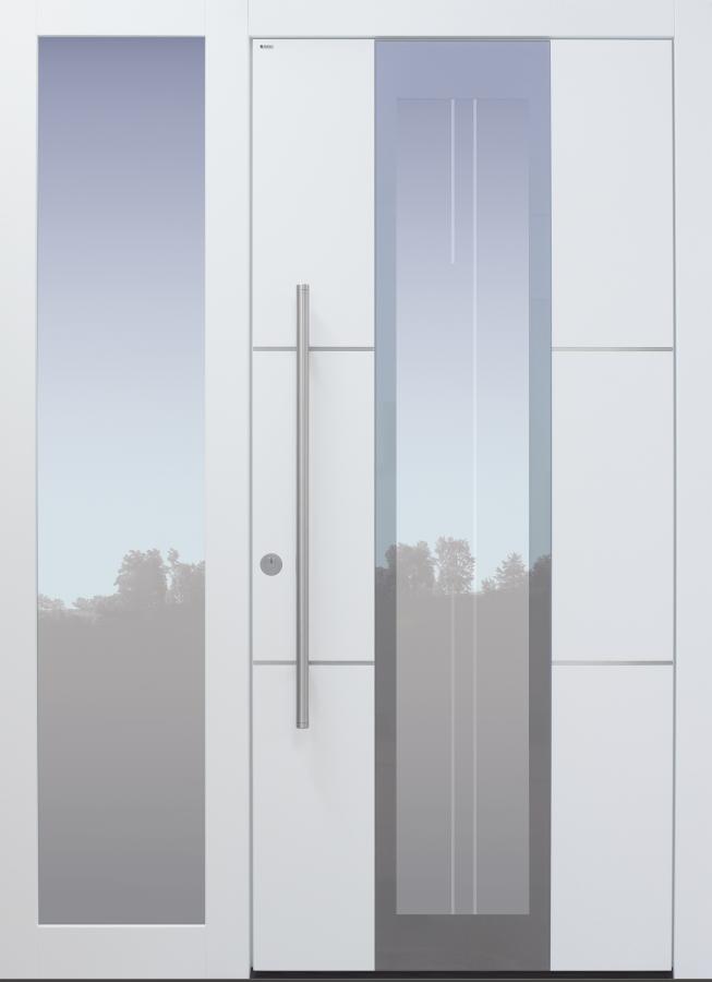 Haustür modern, weiß, silber, TOPICcore, Edelstahllinien, Glasmotiv, Seitenteil, Sicherheitstür, passivhaustauglich, besser als Alu, Glas