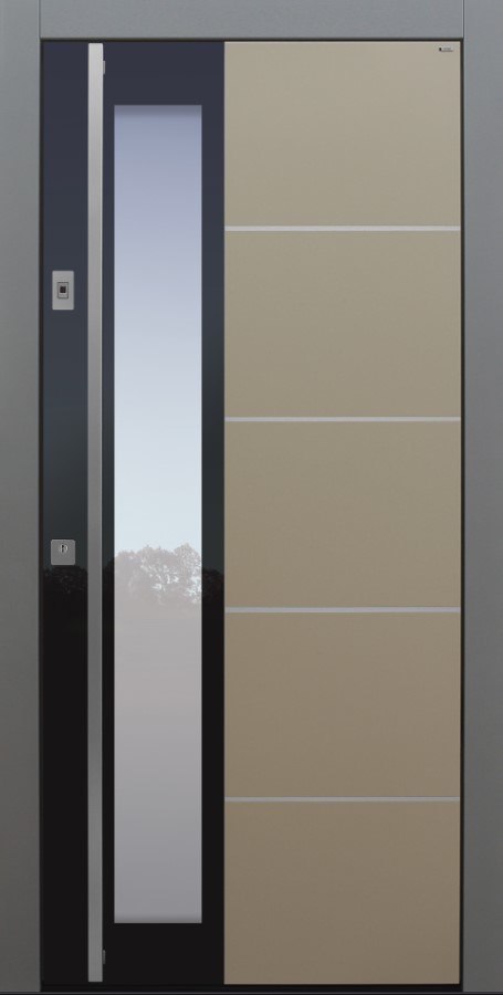 Haustür modern, TOPICcore, Beige, Grau, Edelstahllisenen, Sicherheitstür, passivhaustauglich, besser als Alu, Glas, Fingerprint