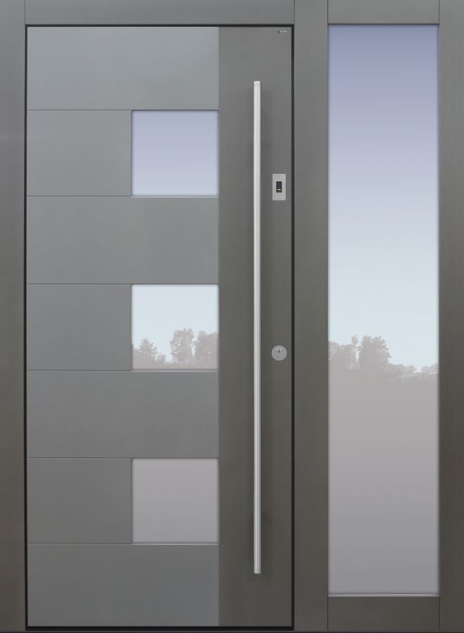 Haustür modern, grau, TOPICcore, Fingerprint, Seitenteil, Sicherheitstür, passivhaustauglich, besser als Alu, Glas