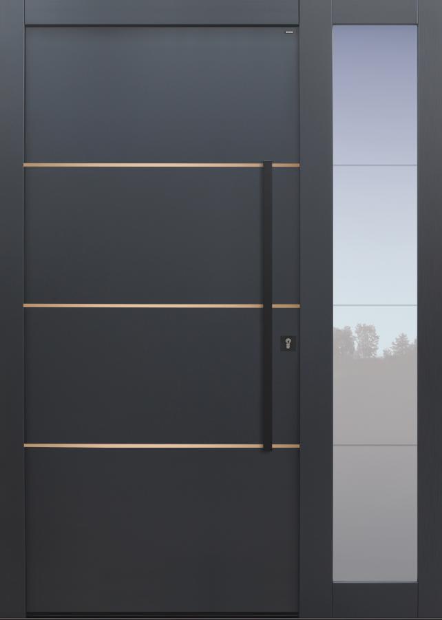 Haustür anthrazit mit Option 3 Lisenen in bronze poliert mit Stoßgriff und Rosette schwarz mit Glasmotiv MS4 mit Seitenteil T Modell B9