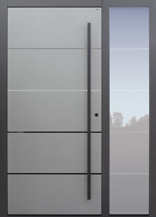 Haustür mit 4 schwarzen Spiegellisenen, Modell B9 mit Seitenteil RG